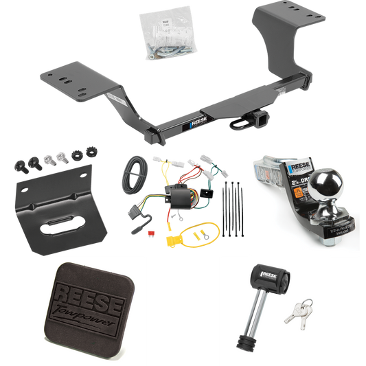 Fits 2012-2017 Toyota Camry Trailer Hitch Tow PKG w/ 4-Flat Wiring Harness + Interlock Starter Kit w/ 2" Ball 2-1/2" Drop 2" Rise + Wiring Bracket + Hitch Cover + Hitch Lock (Excludes: Hybrid Models) By Reese Towpower