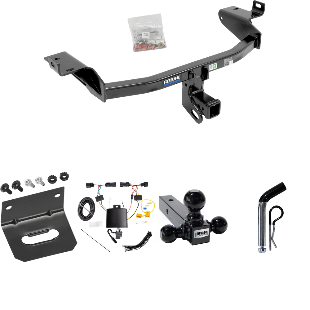 Fits 2019-2023 Jeep Cherokee Trailer Hitch Tow PKG w/ 4-Flat Wiring Harness + Triple Ball Ball Mount 1-7/8" & 2" & 2-5/16" Trailer Balls + Pin/Clip + Wiring Bracket By Reese Towpower