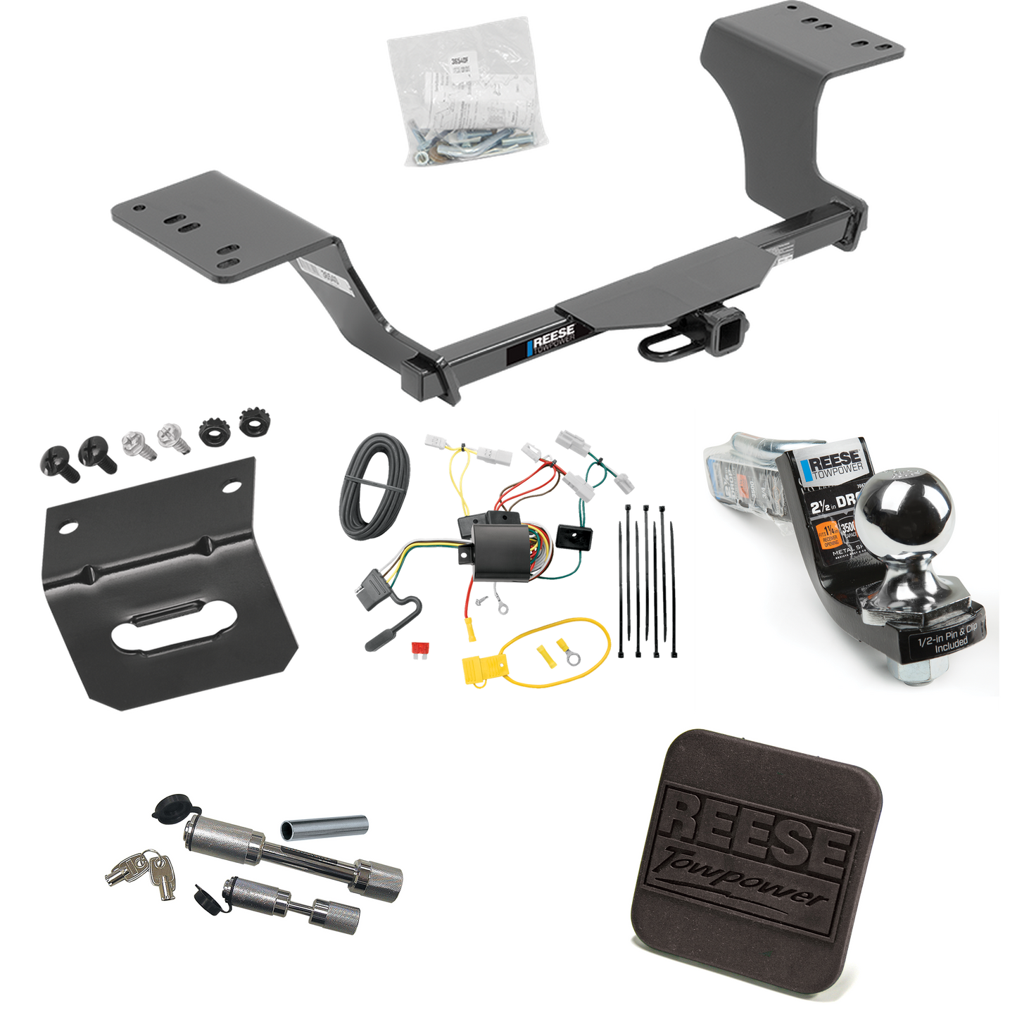 Fits 2012-2017 Toyota Camry Trailer Hitch Tow PKG w/ 4-Flat Wiring Harness + Interlock Starter Kit w/ 2" Ball 2-1/2" Drop 2" Rise + Wiring Bracket + Hitch Cover + Dual Hitch & Coupler Locks (Excludes: Hybrid Models) By Reese Towpower