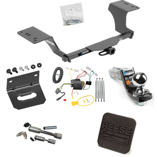 Fits 2012-2017 Toyota Camry Trailer Hitch Tow PKG w/ 4-Flat Wiring Harness + Interlock Starter Kit w/ 2" Ball 2-1/2" Drop 2" Rise + Wiring Bracket + Hitch Cover + Dual Hitch & Coupler Locks (Excludes: Hybrid Models) By Reese Towpower