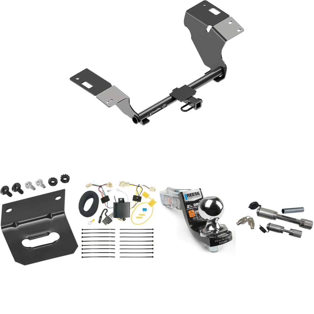 Fits 2018-2023 Toyota Camry Trailer Hitch Tow PKG w/ 4-Flat Wiring Harness + Interlock Starter Kit w/ 2" Ball 2-1/2" Drop 2" Rise + Wiring Bracket + Dual Hitch & Coupler Locks (Excludes: Hybrid Models) By Draw-Tite