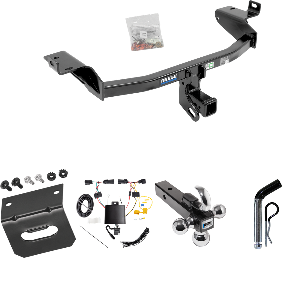 Fits 2019-2023 Jeep Cherokee Trailer Hitch Tow PKG w/ 4-Flat Wiring Harness + Triple Ball Ball Mount 1-7/8" & 2" & 2-5/16" Trailer Balls w/ Tow Hook + Pin/Clip + Wiring Bracket By Reese Towpower