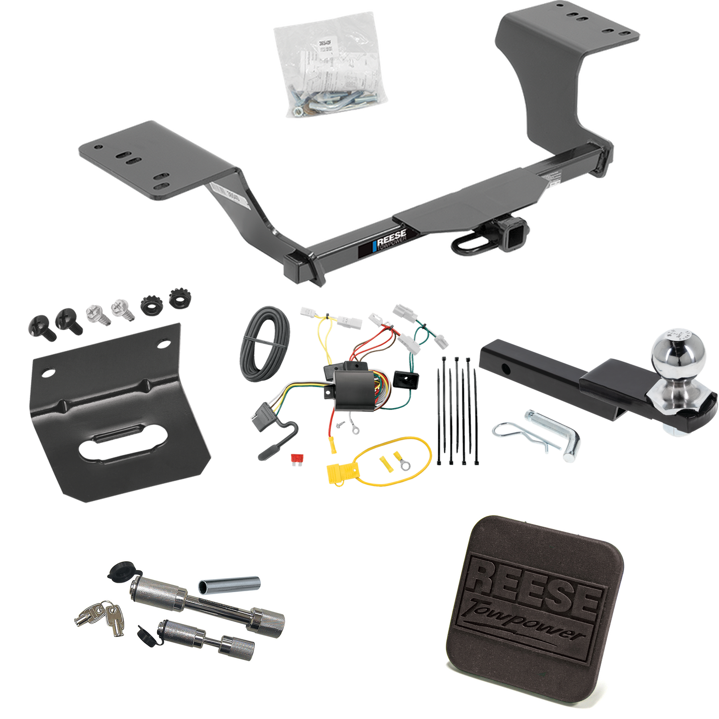 Fits 2012-2017 Toyota Camry Trailer Hitch Tow PKG w/ 4-Flat Wiring Harness + Interlock Starter Kit w/ 2" Ball 1-1/4" Drop 3/4" Rise + Wiring Bracket + Hitch Cover + Dual Hitch & Coupler Locks (Excludes: Hybrid Models) By Reese Towpower