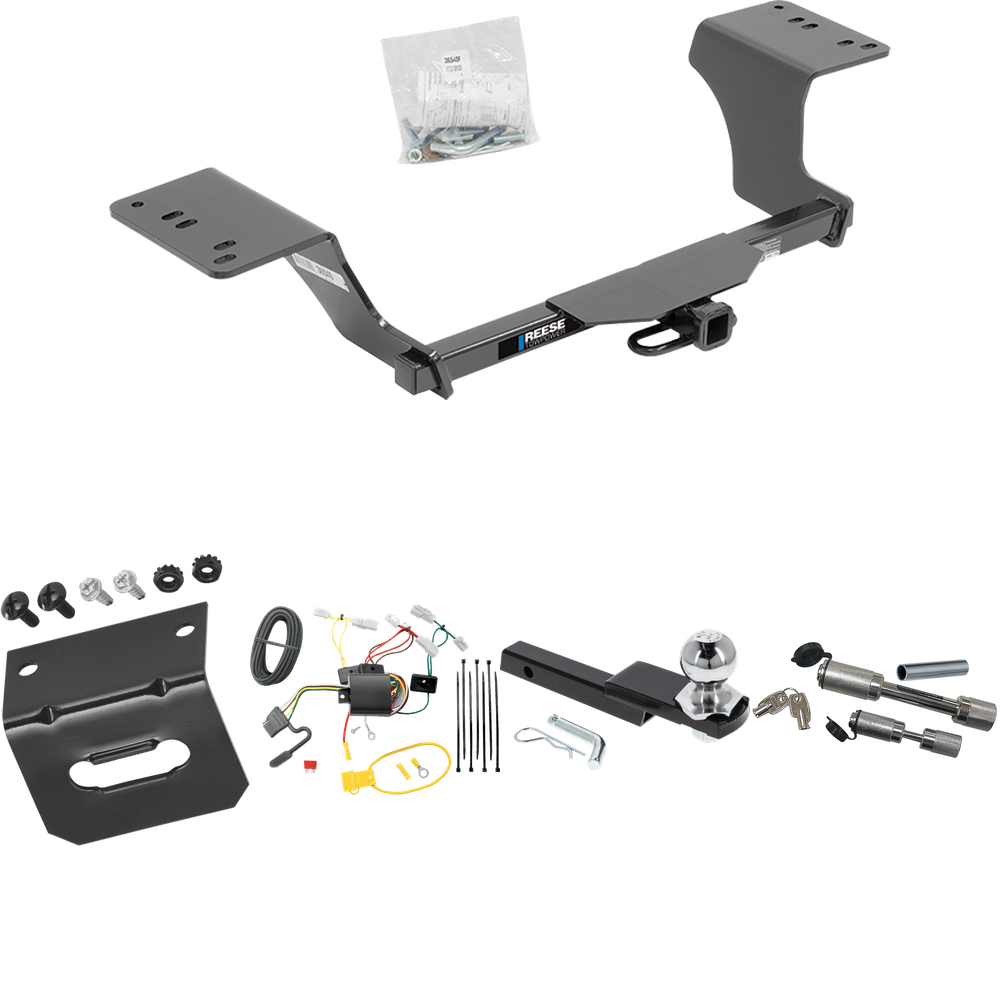 Fits 2012-2017 Toyota Camry Trailer Hitch Tow PKG w/ 4-Flat Wiring Harness + Interlock Starter Kit w/ 2" Ball 1-1/4" Drop 3/4" Rise + Wiring Bracket + Dual Hitch & Coupler Locks (Excludes: Hybrid Models) By Reese Towpower