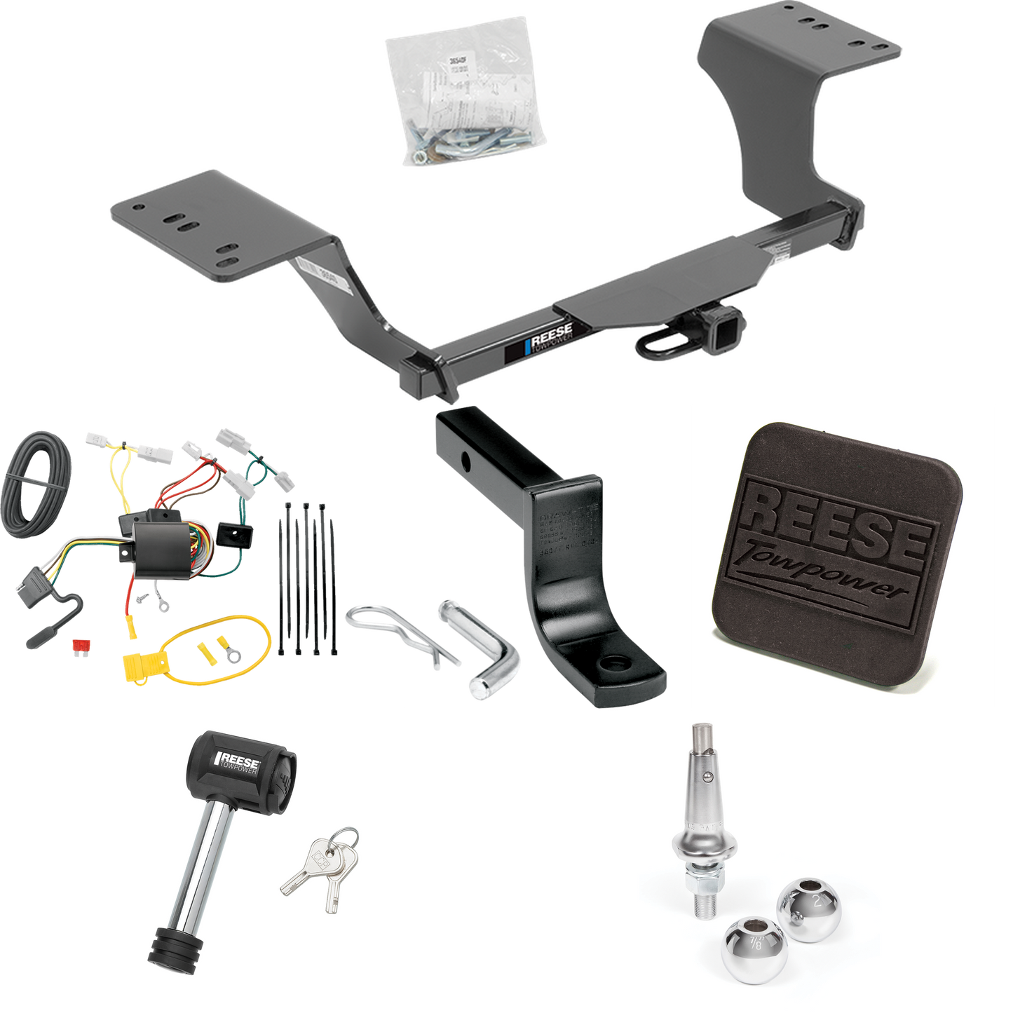 Se adapta al paquete de enganche de remolque Toyota Camry 2012-2017 con arnés de cableado de 4 planos + barra de tracción + bolas intercambiables de 1-7/8" y 2" + cubierta de enganche + bloqueo de enganche (excluye: modelos híbridos) de Reese Towpower