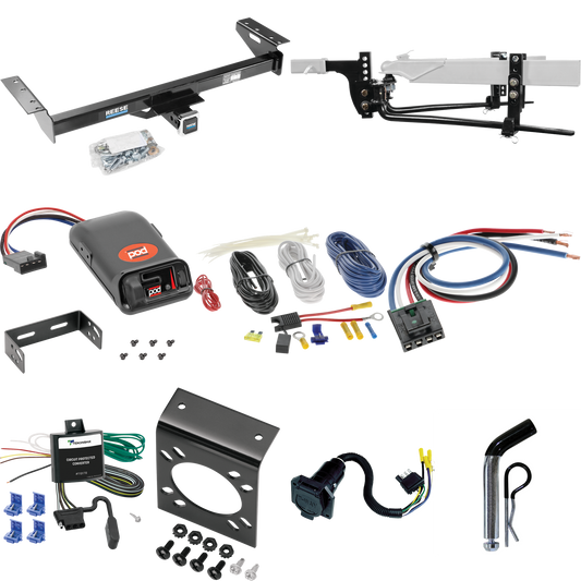 Fits 1984-1996 Jeep Cherokee Trailer Hitch Tow PKG w/ 6K Round Bar Weight Distribution Hitch w/ 2-5/16" Ball + Pin/Clip + Pro Series POD Brake Control + Generic BC Wiring Adapter + 7-Way RV Wiring By Reese Towpower