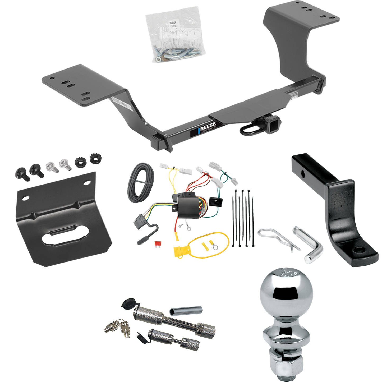 Fits 2012-2017 Toyota Camry Trailer Hitch Tow PKG w/ 4-Flat Wiring Harness + Draw-Bar + 2" Ball + Wiring Bracket + Dual Hitch & Coupler Locks (Excludes: Hybrid Models) By Reese Towpower