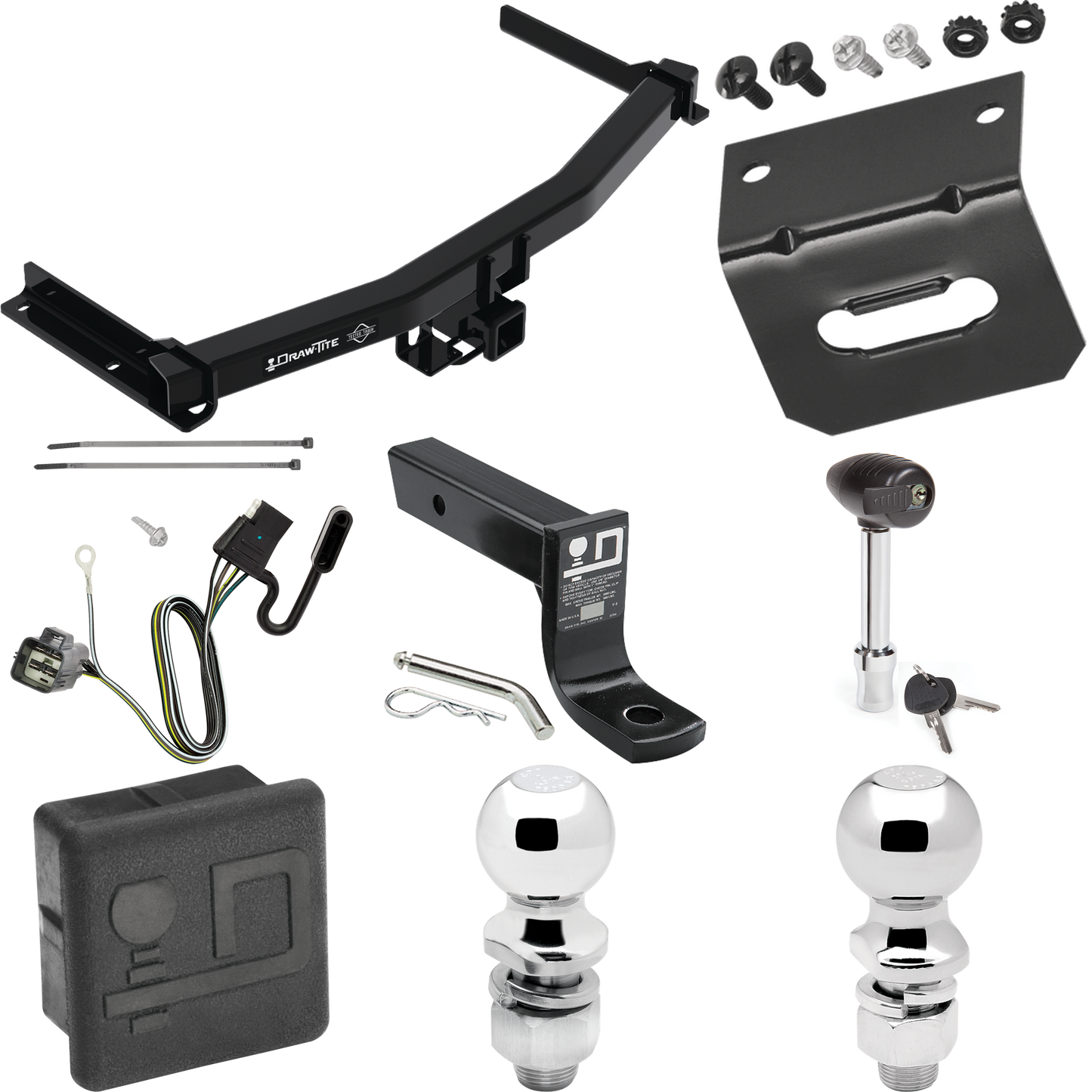 Fits 2020-2023 Cadillac XT6 Trailer Hitch Tow PKG w/ 4-Flat Wiring + Ball Mount w/ 4" Drop + 2" Ball + 2-5/16" Ball + Wiring Bracket + Hitch Lock + Hitch Cover By Draw-Tite