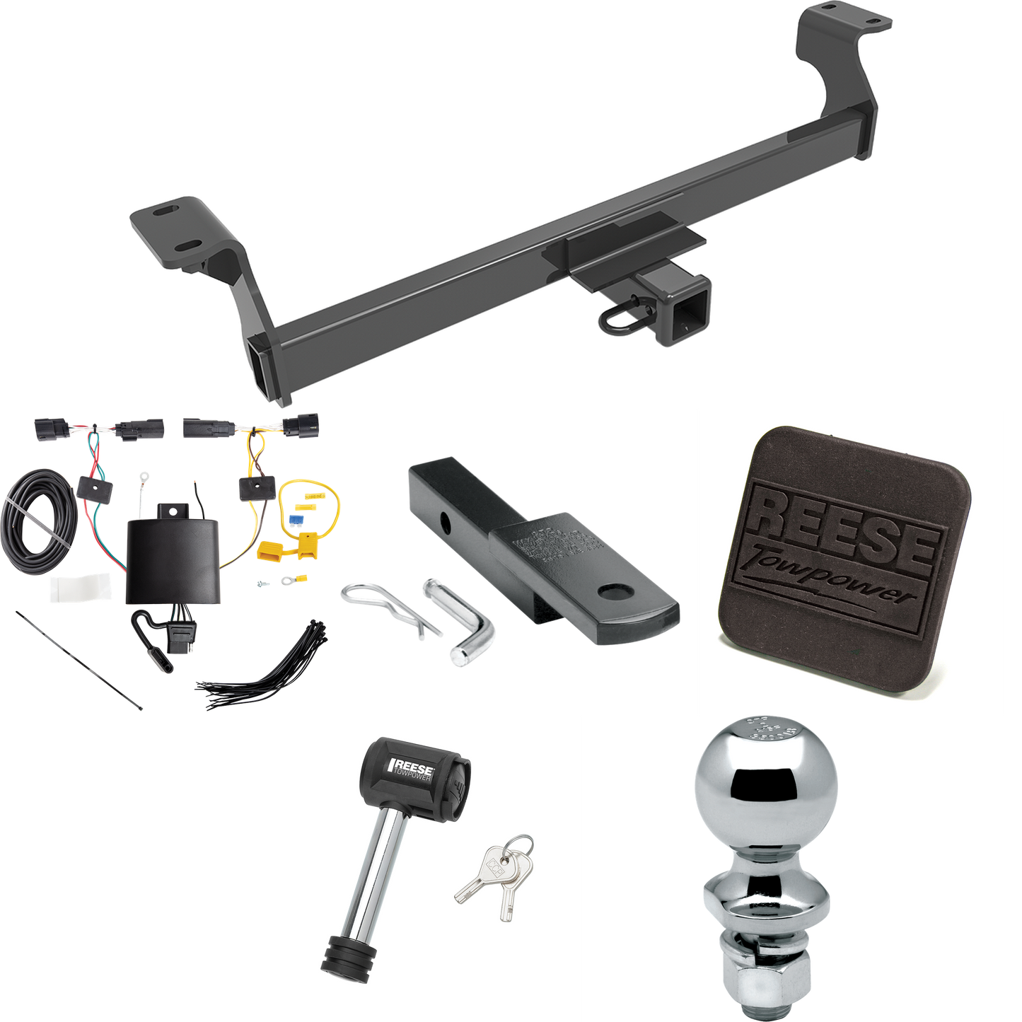 Fits 2020-2022 Ford Escape Trailer Hitch Tow PKG w/ 4-Flat Wiring Harness + Draw-Bar + 2" Ball + Hitch Cover + Hitch Lock (Excludes: Hybrid Models) By Reese Towpower