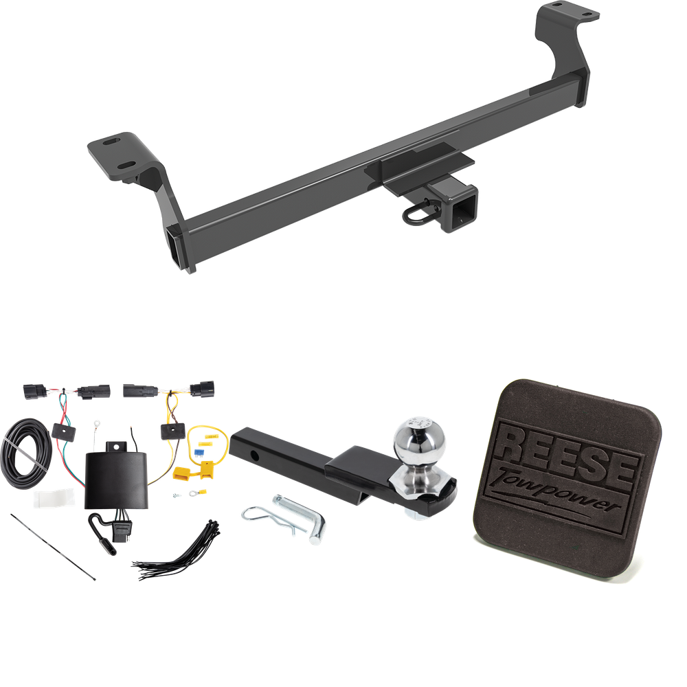 Fits 2020-2022 Ford Escape Trailer Hitch Tow PKG w/ 4-Flat Wiring Harness + Interlock Starter Kit w/ 2" Ball 1-1/4" Drop 3/4" Rise + Hitch Cover (Excludes: Hybrid Models) By Reese Towpower