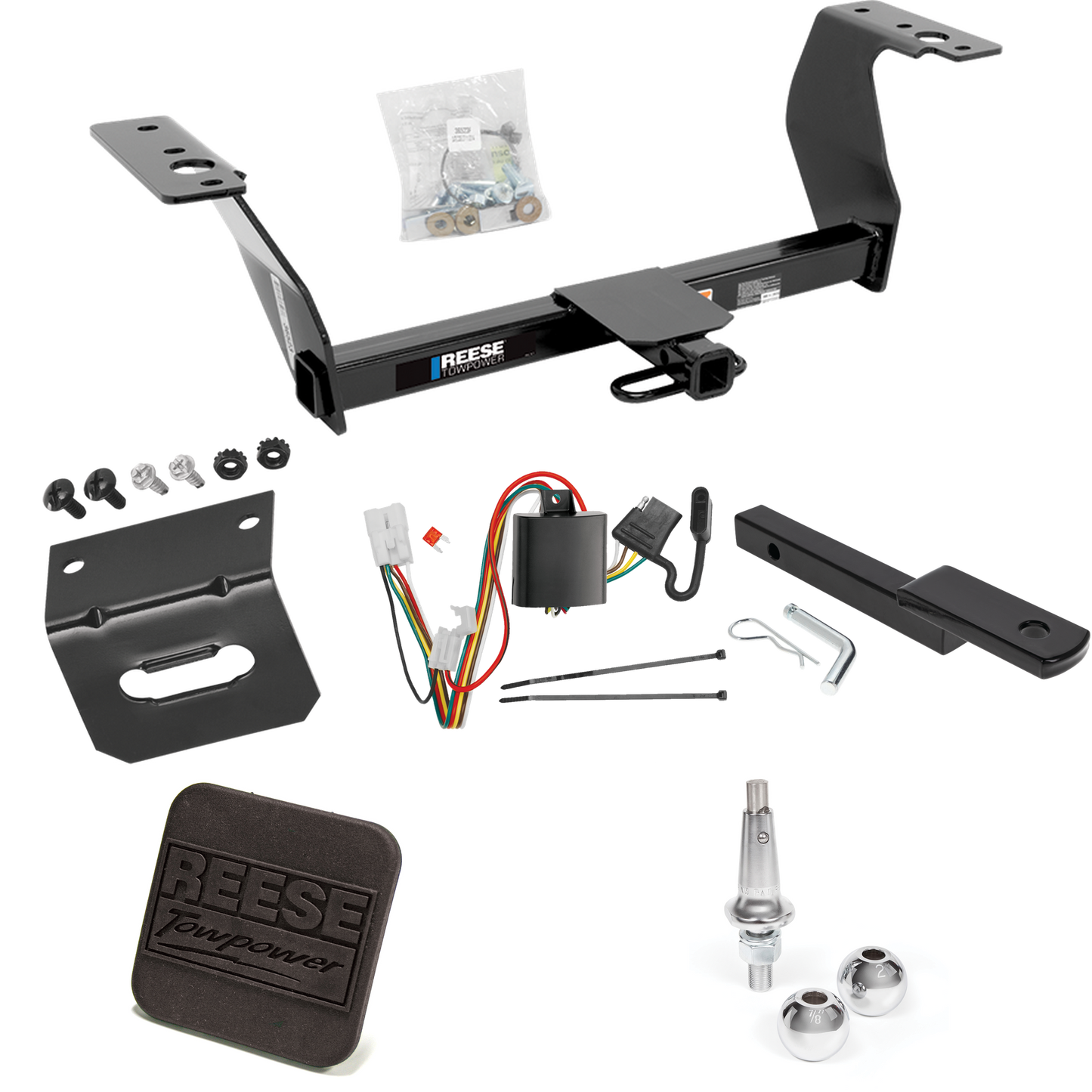 Fits 2014-2018 Subaru Forester Trailer Hitch Tow PKG w/ 4-Flat Wiring Harness + Draw-Bar + Interchangeable 1-7/8" & 2" Balls + Wiring Bracket + Hitch Cover By Reese Towpower