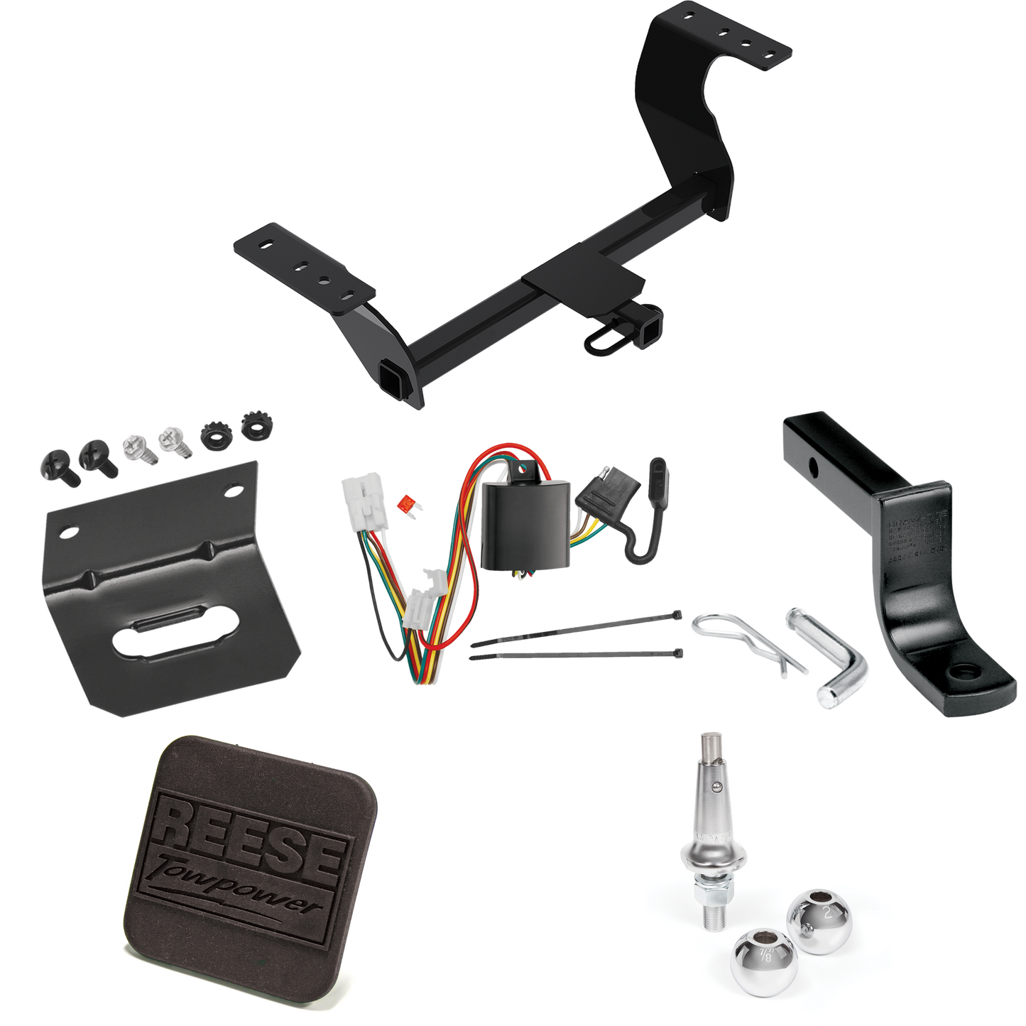 Fits 2019-2022 Subaru Forester Trailer Hitch Tow PKG w/ 4-Flat Wiring Harness + Draw-Bar + Interchangeable 1-7/8" & 2" Balls + Wiring Bracket + Hitch Cover By Reese Towpower