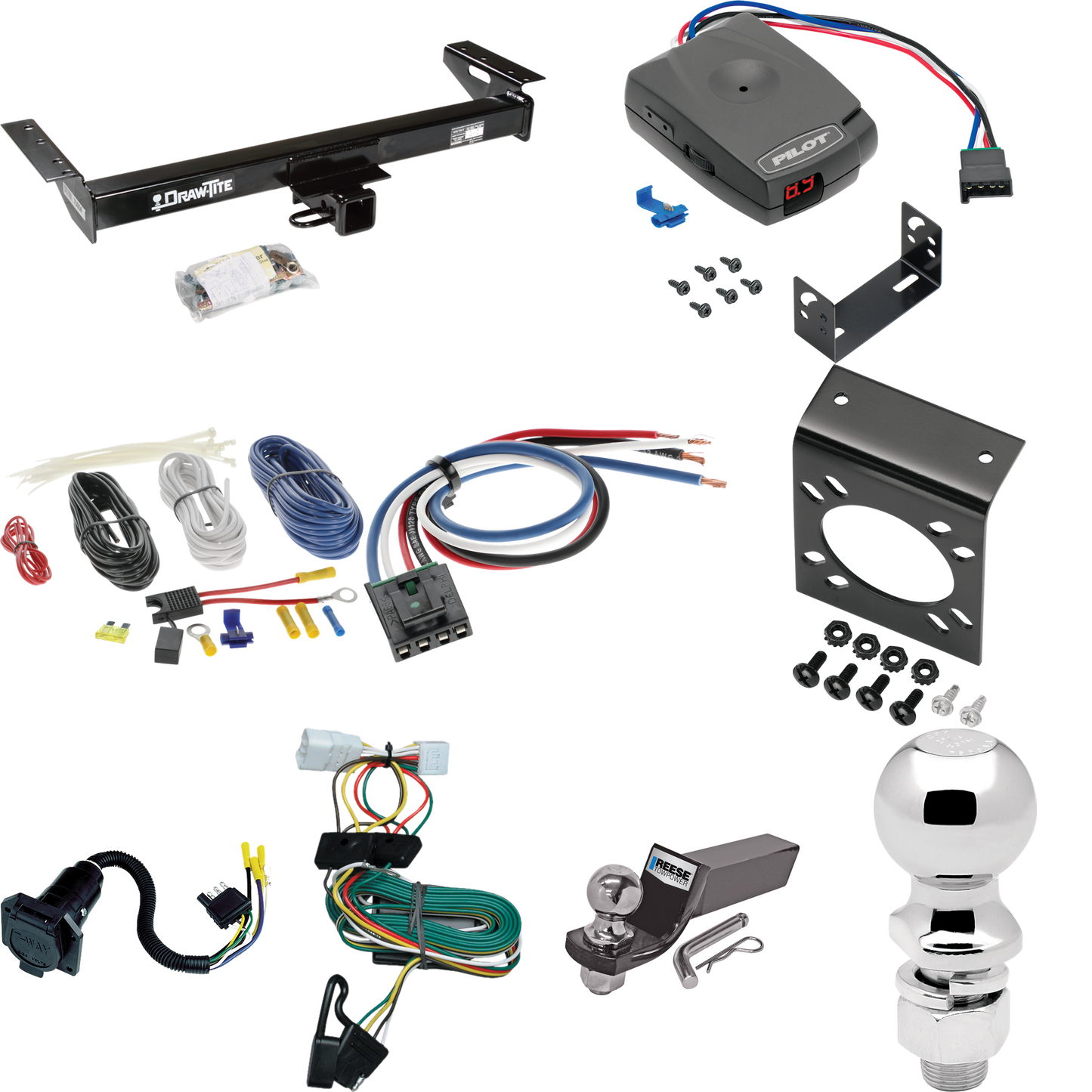 Fits 1997-2001 Jeep Cherokee Trailer Hitch Tow PKG w/ Pro Series Pilot Brake Control + Generic BC Wiring Adapter + 7-Way RV Wiring + 2" & 2-5/16" Ball & Drop Mount By Draw-Tite