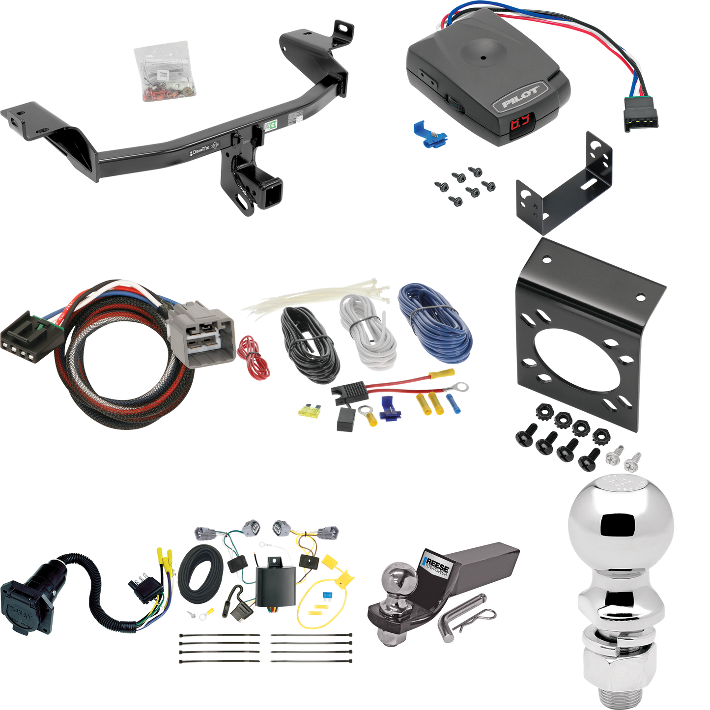 Se adapta al paquete de enganche de remolque Jeep Cherokee 2014-2018 con control de freno piloto serie Pro + adaptador BC Plug &amp; Play + cableado RV de 7 vías + soporte de bola y caída de 2" y 2-5/16" de Draw-Tite