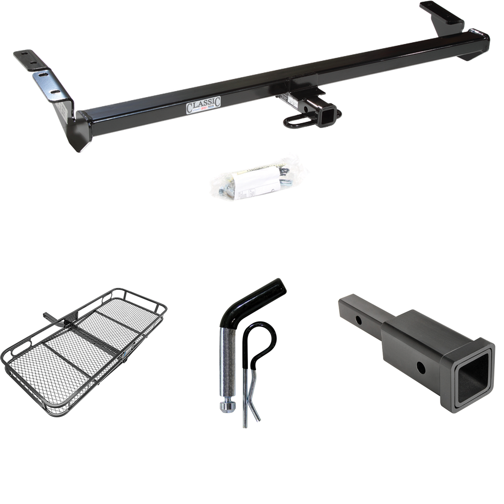 Fits 2000-2004 Toyota Avalon Trailer Hitch Tow PKG w/ Hitch Adapter 1-1/4" to 2" Receiver + 1/2" Pin & Clip + 60" x 24" Cargo Carrier Rack By Draw-Tite