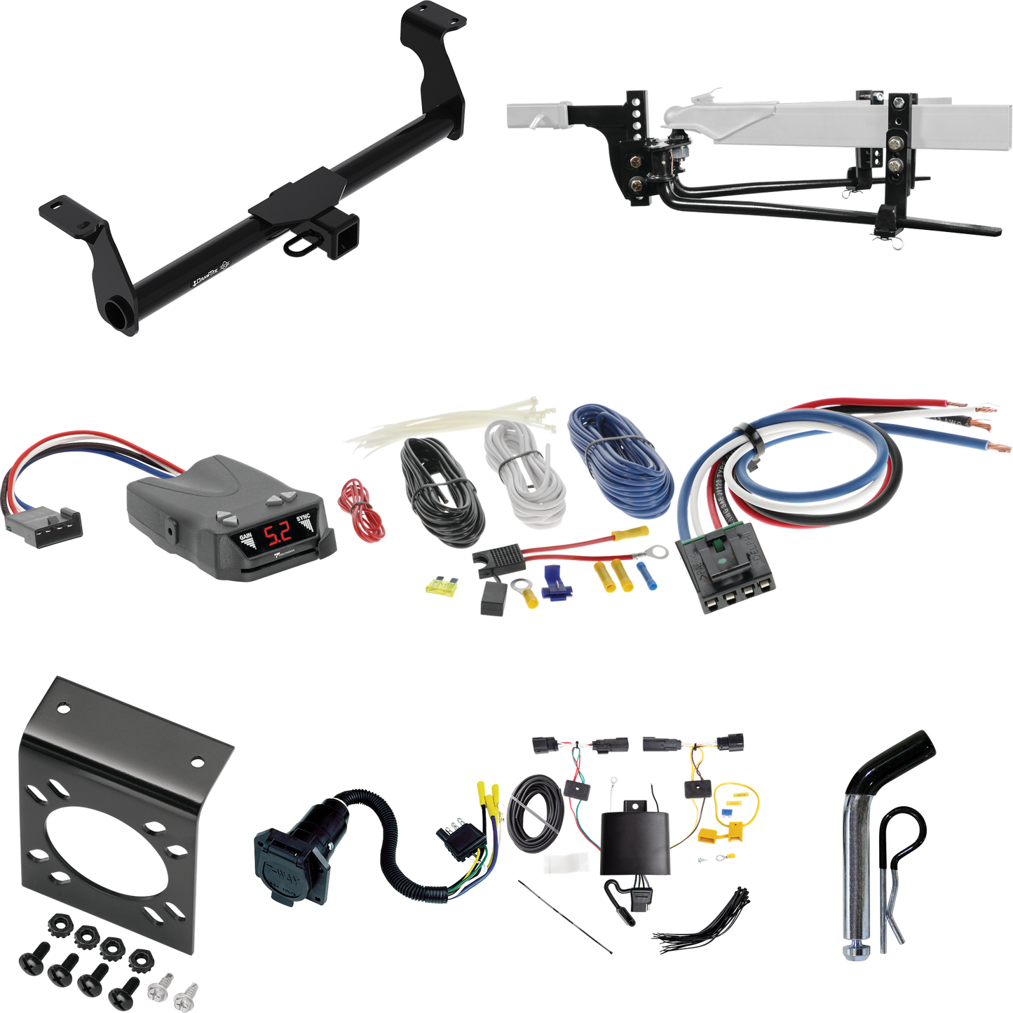 Fits 2020-2022 Ford Escape Trailer Hitch Tow PKG w/ 6K Round Bar Weight Distribution Hitch w/ 2-5/16" Ball + Pin/Clip + Tekonsha Brakeman IV Brake Control + Generic BC Wiring Adapter + 7-Way RV Wiring (Excludes: Hybrid Models) By Draw-Tite