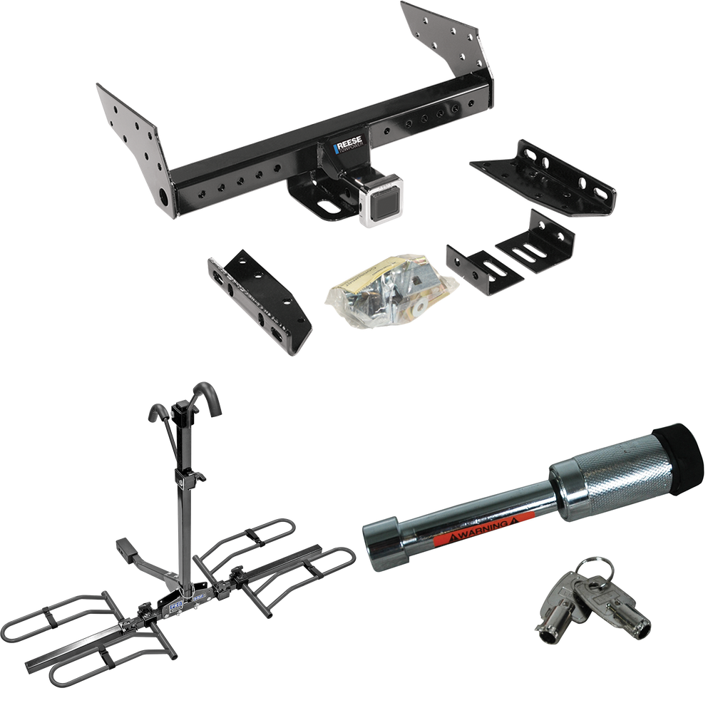 Fits 1988-1994 Nissan D21 Trailer Hitch Tow PKG w/ 2 Bike Plaform Style Carrier Rack + Hitch Lock By Reese Towpower