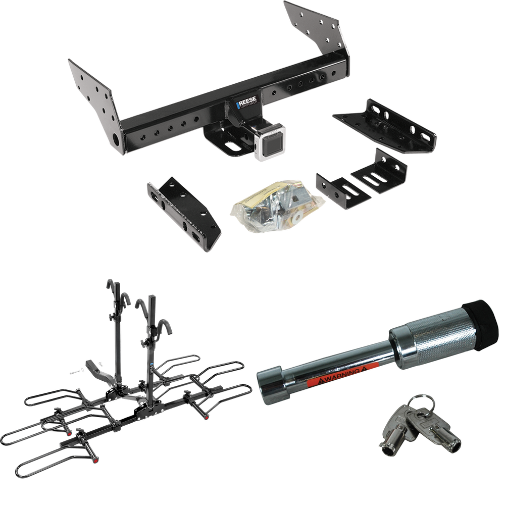 Fits 2002-2007 Jeep Liberty Trailer Hitch Tow PKG w/ 4 Bike Plaform Style Carrier Rack + Hitch Lock By Reese Towpower