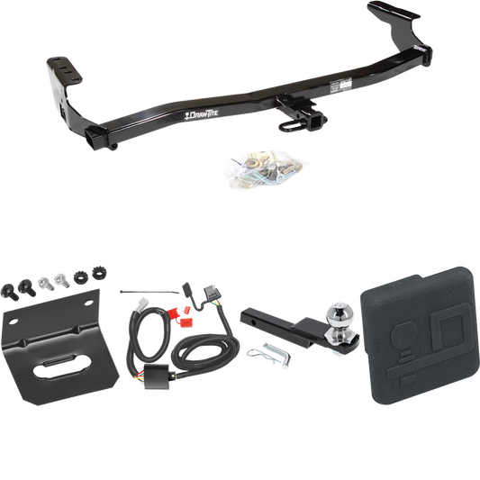 Fits 1998-2008 Subaru Forester Trailer Hitch Tow PKG w/ 4-Flat Wiring Harness + Interlock Starter Kit w/ 2" Ball 1-1/4" Drop 3/4" Rise + Wiring Bracket + Hitch Cover By Draw-Tite