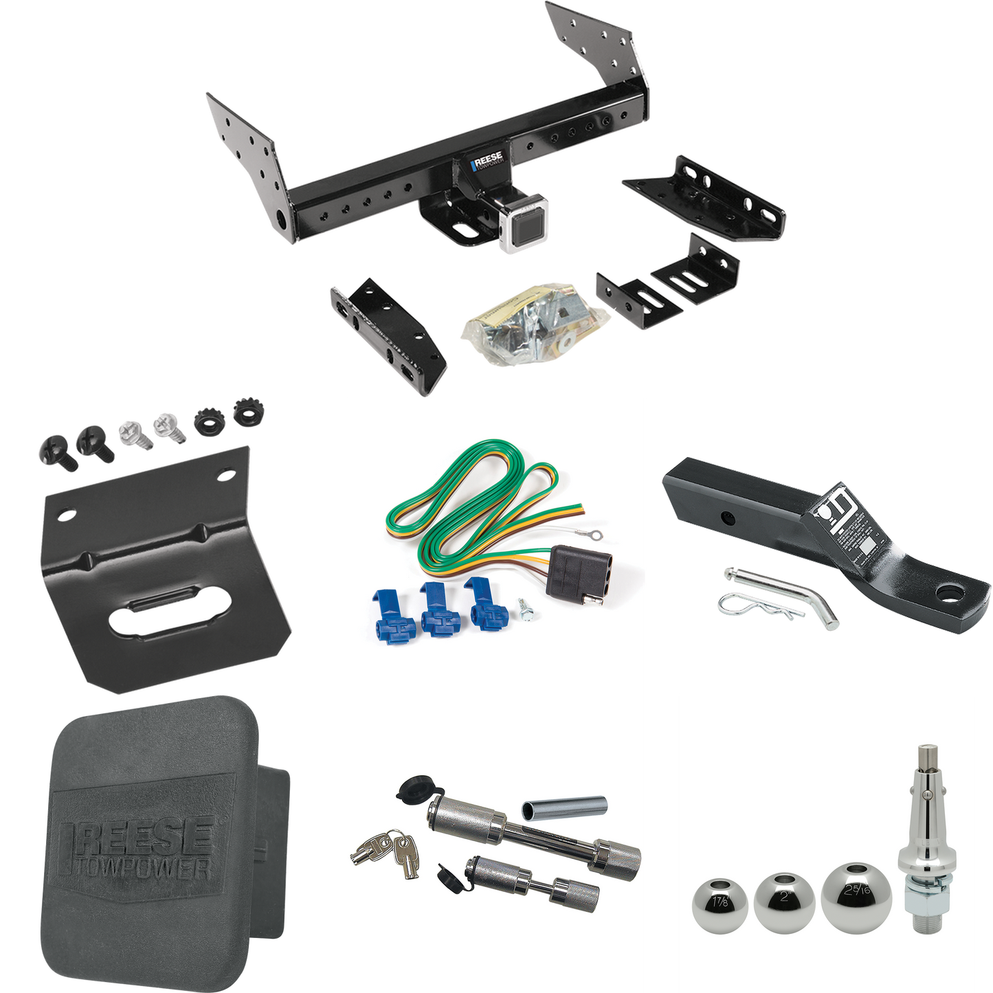 Fits 1990-1990 Chrysler Town & Country Trailer Hitch Tow PKG w/ 4-Flat Wiring + Ball Mount w/ 2" Drop + Interchangeable Ball 1-7/8" & 2" & 2-5/16" + Wiring Bracket + Dual Hitch & Coupler Locks + Hitch Cover (For 2 WD, Long Wheelbase Models) By Reese