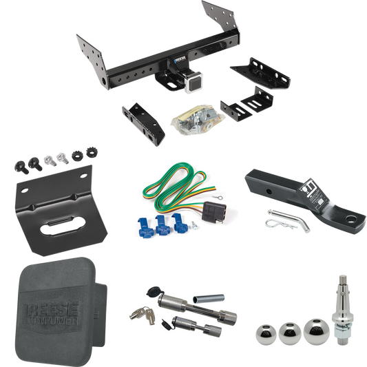 Fits 1990-1990 Chrysler Town & Country Trailer Hitch Tow PKG w/ 4-Flat Wiring + Ball Mount w/ 2" Drop + Interchangeable Ball 1-7/8" & 2" & 2-5/16" + Wiring Bracket + Dual Hitch & Coupler Locks + Hitch Cover (For 2 WD, Long Wheelbase Models) By Reese