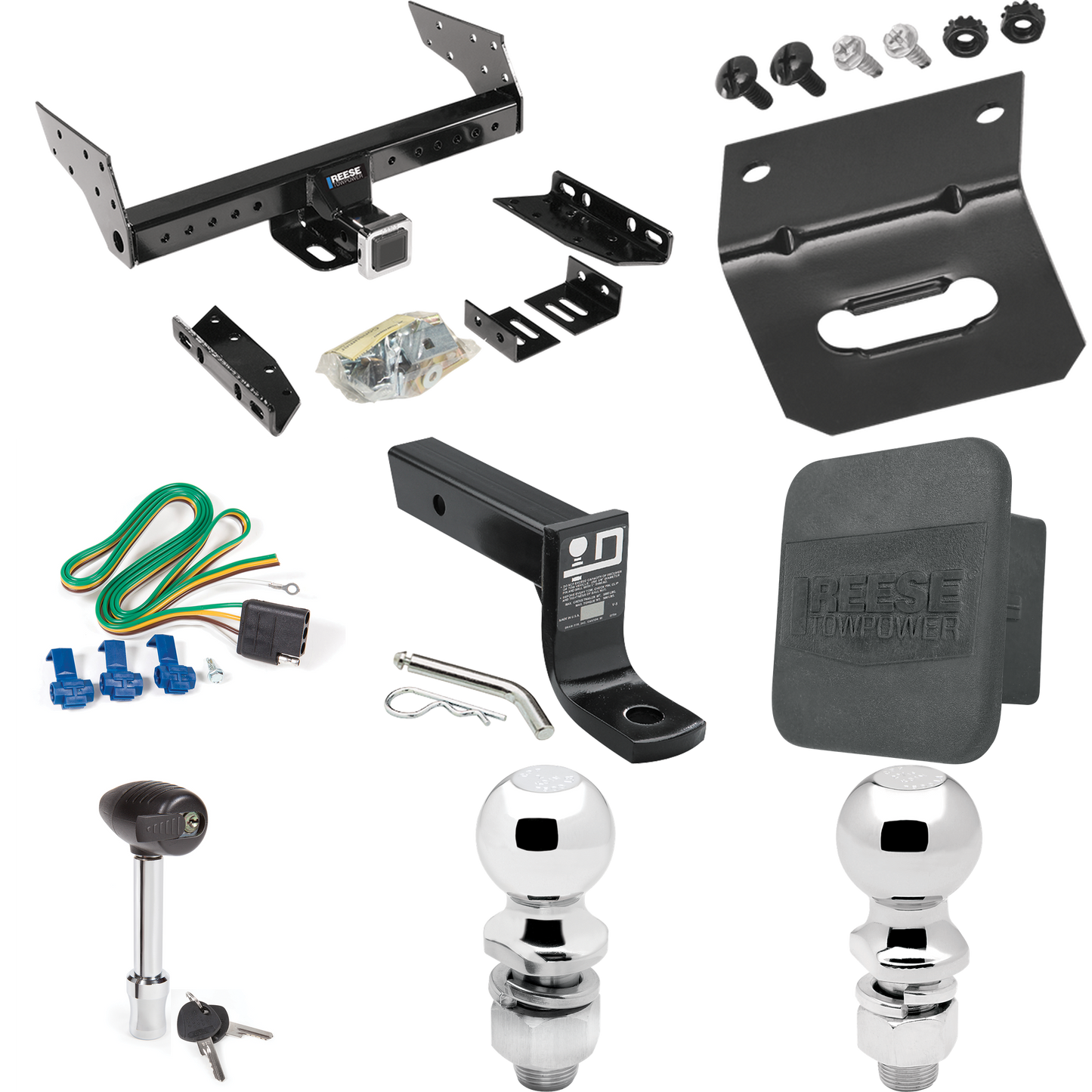 Fits 1996-1999 Chevrolet Express 2500 Trailer Hitch Tow PKG w/ 4-Flat Wiring + Ball Mount w/ 4" Drop + 2" Ball + 2-5/16" Ball + Wiring Bracket + Hitch Lock + Hitch Cover By Reese Towpower