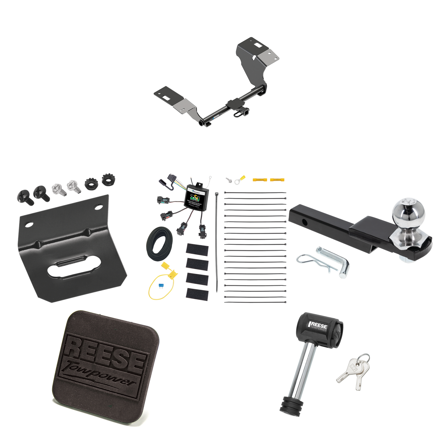 Fits 2019-2022 Toyota Avalon Trailer Hitch Tow PKG w/ 4-Flat Zero Contact "No Splice" Wiring Harness + Interlock Starter Kit w/ 2" Ball 1-1/4" Drop 3/4" Rise + Wiring Bracket + Hitch Cover + Hitch Lock By Reese Towpower