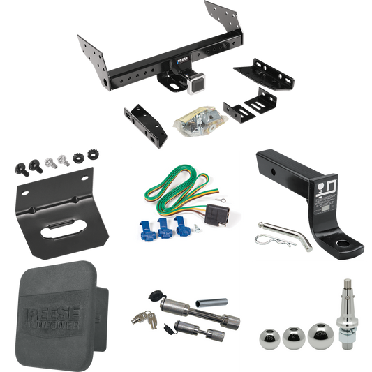 Fits 1982-1996 Ford Bronco Trailer Hitch Tow PKG w/ 4-Flat Wiring + Ball Mount w/ 4" Drop + Interchangeable Ball 1-7/8" & 2" & 2-5/16" + Wiring Bracket + Dual Hitch & Coupler Locks + Hitch Cover By Reese Towpower