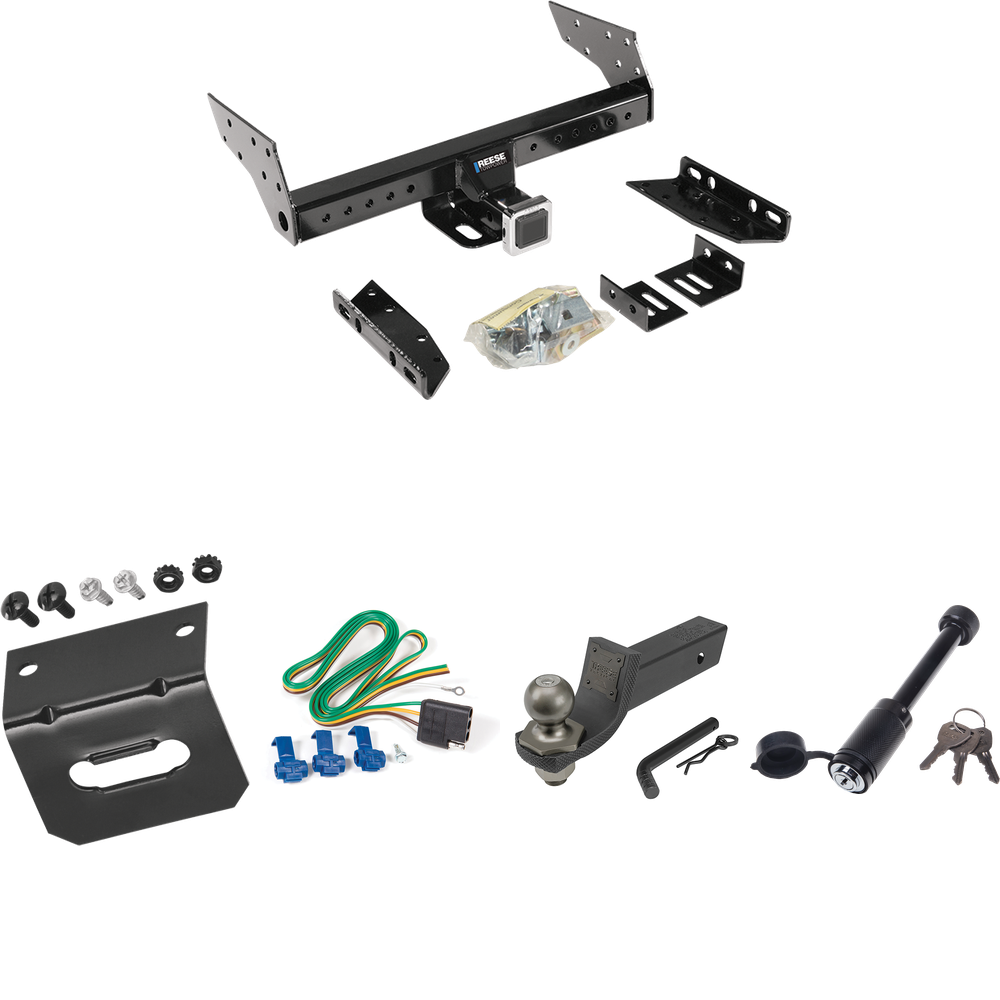 Fits 1987-1990 Dodge Grand Caravan Trailer Hitch Tow PKG w/ 4-Flat Wiring + Interlock Tactical Starter Kit w/ 2" Drop & 2" Ball + Tactical Dogbone Lock + Wiring Bracket (For 2 WD, Long Wheelbase Models) By Reese Towpower