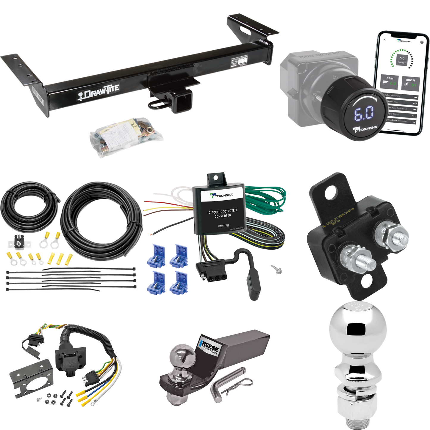 Se adapta al paquete de enganche de remolque Jeep Cherokee 1984-1996 con control de freno inalámbrico Bluetooth Tekonsha Prodigy iD + cableado RV de 7 vías + soporte de bola y caída de 2" y 2-5/16" de Draw-Tite