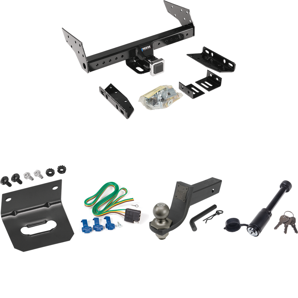 Fits 1996-1999 GMC Savana 1500 Trailer Hitch Tow PKG w/ 4-Flat Wiring + Interlock Tactical Starter Kit w/ 3-1/4" Drop & 2" Ball + Tactical Dogbone Lock + Wiring Bracket By Reese Towpower