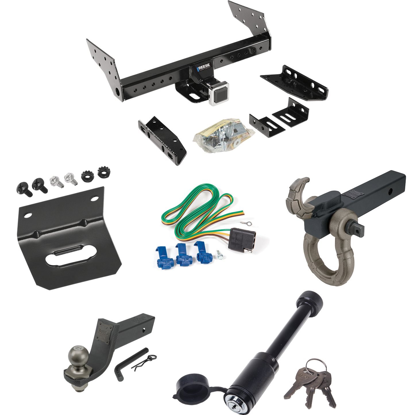 Fits 1983-1997 Chevrolet S10 Trailer Hitch Tow PKG w/ 4-Flat Wiring + Interlock Tactical Starter Kit w/ 3-1/4" Drop & 2" Ball + Tactical Hook & Shackle Mount + Tactical Dogbone Lock + Wiring Bracket (For w/Standard Bed & Step Bumper Models) By Reese