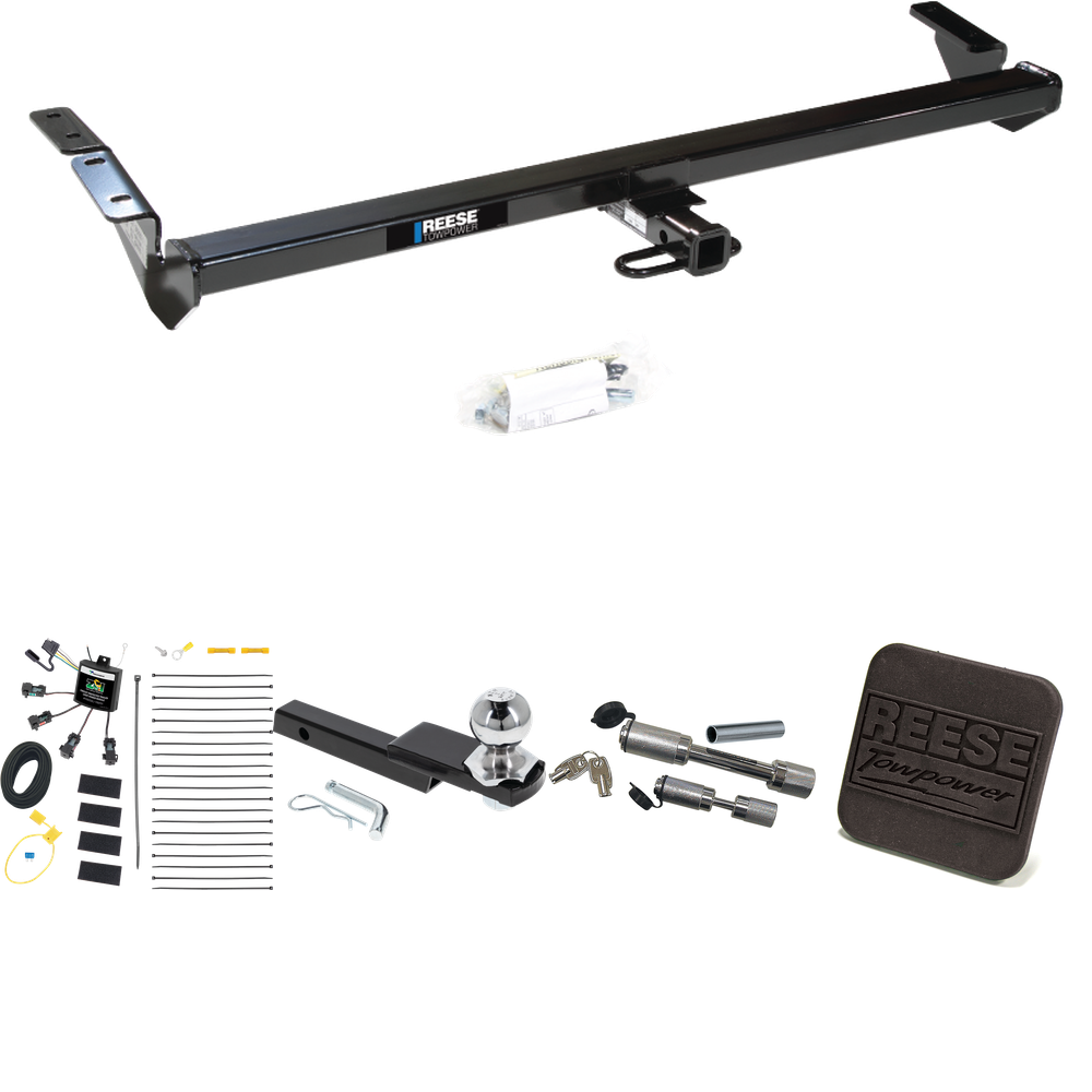 Fits 2000-2004 Toyota Avalon Trailer Hitch Tow PKG w/ 4-Flat Zero Contact "No Splice" Wiring Harness + Interlock Starter Kit w/ 2" Ball 1-1/4" Drop 3/4" Rise + Hitch Cover + Dual Hitch & Coupler Locks By Reese Towpower