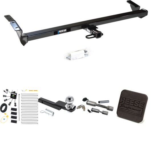 Fits 2000-2004 Toyota Avalon Trailer Hitch Tow PKG w/ 4-Flat Zero Contact "No Splice" Wiring Harness + Interlock Starter Kit w/ 2" Ball 1-1/4" Drop 3/4" Rise + Hitch Cover + Dual Hitch & Coupler Locks By Reese Towpower