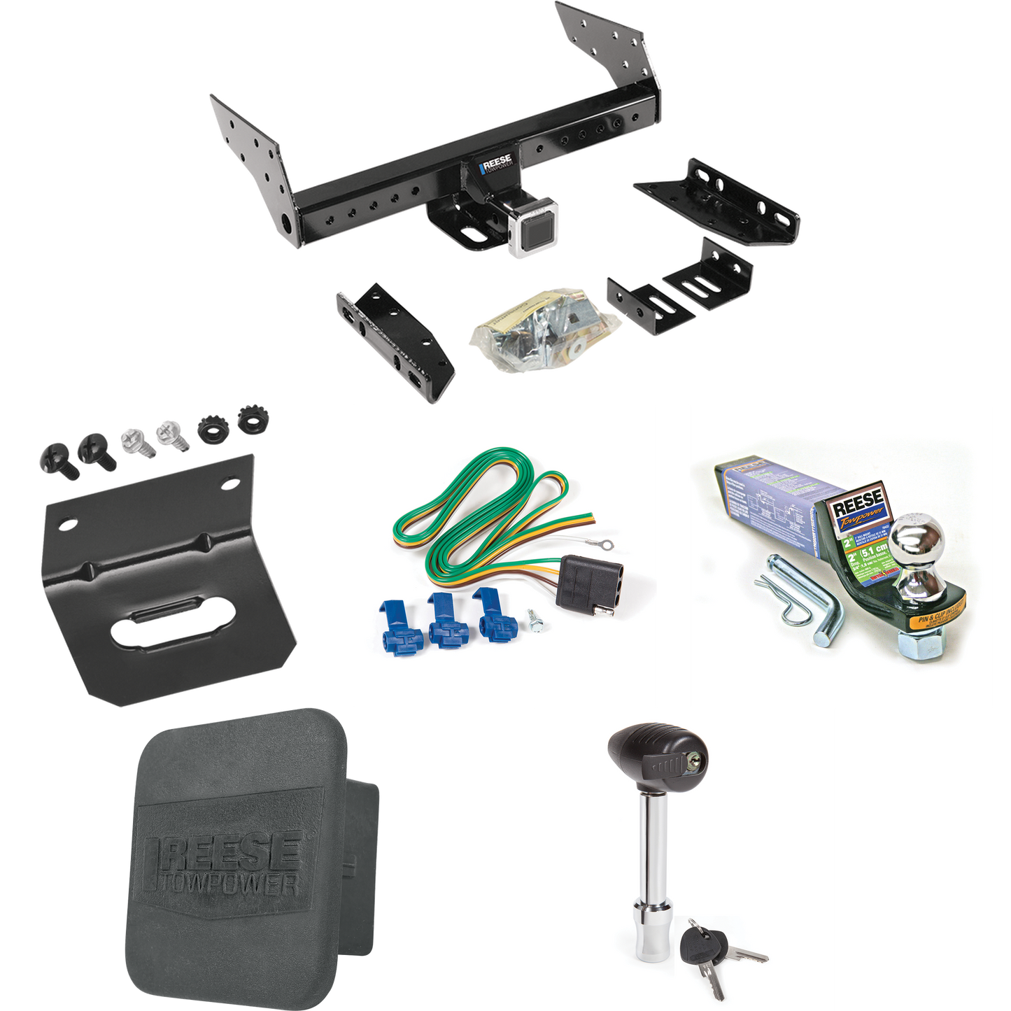 Fits 1992-1999 Chevrolet Suburban C1500 Trailer Hitch Tow PKG w/ 4-Flat Wiring + Starter Kit Ball Mount w/ 2" Drop & 1-7/8" Ball + Wiring Bracket + Hitch Lock + Hitch Cover By Reese Towpower