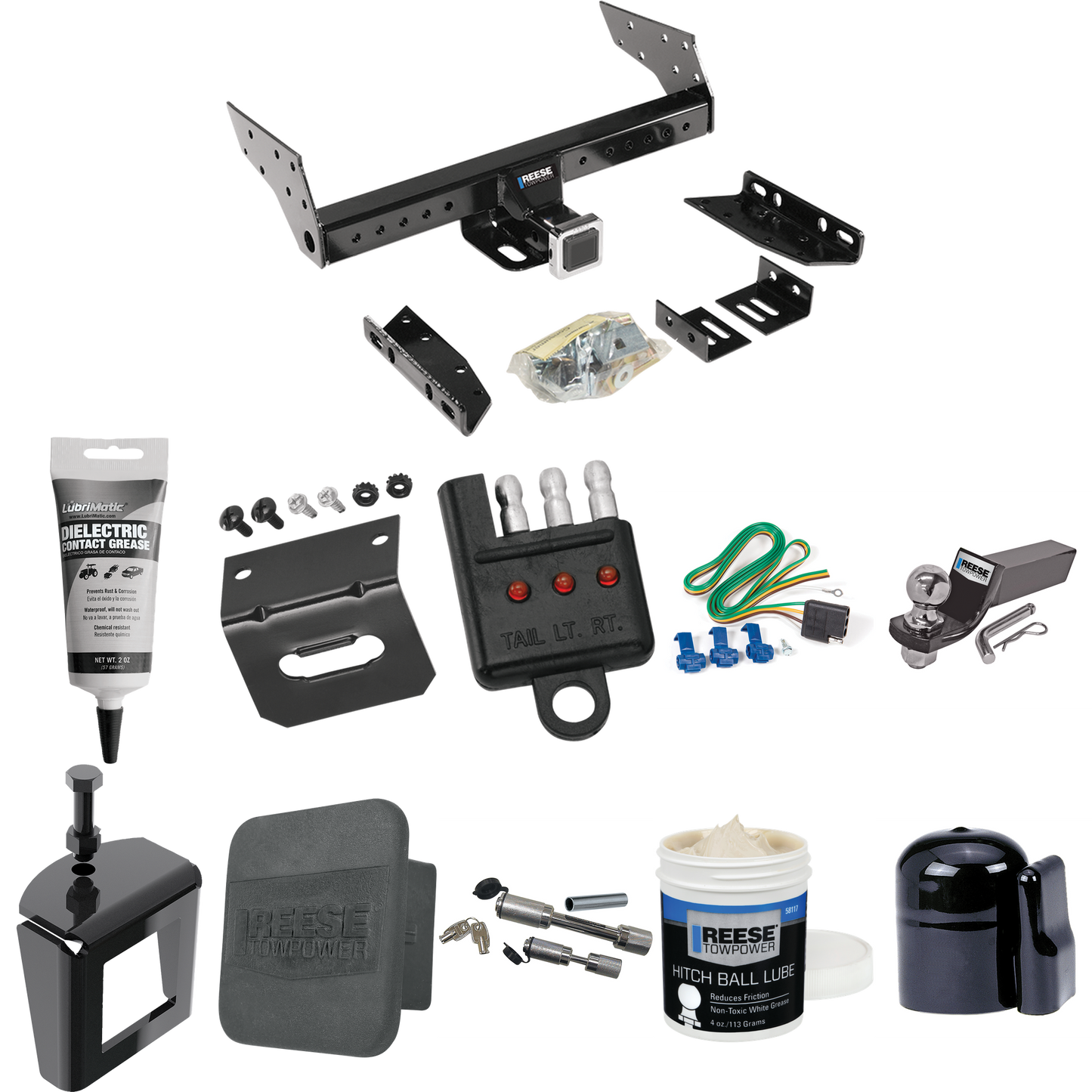 Fits 1990-2005 GMC Safari Trailer Hitch Tow PKG w/ 4-Flat Wiring + Starter Kit Ball Mount w/ 2" Drop & 2" Ball + 1-7/8" Ball + Wiring Bracket + Dual Hitch & Coupler Locks + Hitch Cover + Wiring Tester + Ball Lube + Electric Grease + Ball Wrench + Ant