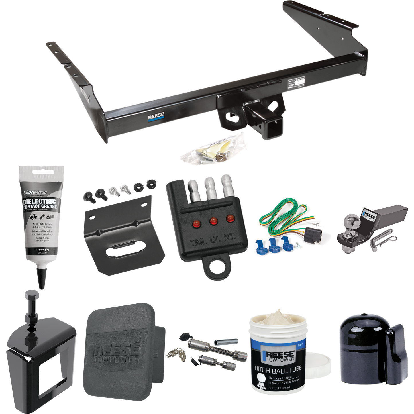 Fits 1990-2005 GMC Safari Trailer Hitch Tow PKG w/ 4-Flat Wiring + Starter Kit Ball Mount w/ 2" Drop & 2" Ball + 1-7/8" Ball + Wiring Bracket + Dual Hitch & Coupler Locks + Hitch Cover + Wiring Tester + Ball Lube + Electric Grease + Ball Wrench + Ant