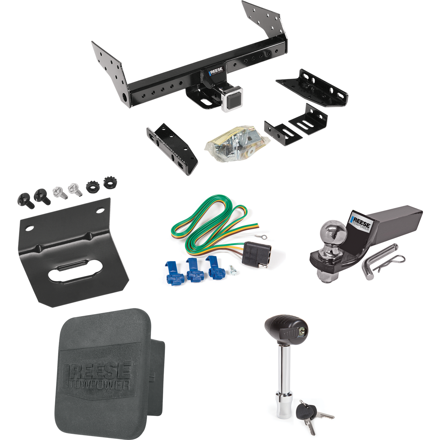 Fits 1996-1999 GMC Savana 1500 Trailer Hitch Tow PKG w/ 4-Flat Wiring + Starter Kit Ball Mount w/ 2" Drop & 2" Ball + 1-7/8" Ball + Wiring Bracket + Hitch Lock + Hitch Cover By Reese Towpower