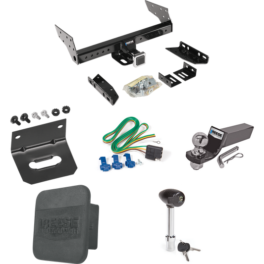 Fits 1996-1999 GMC Savana 1500 Trailer Hitch Tow PKG w/ 4-Flat Wiring + Starter Kit Ball Mount w/ 2" Drop & 2" Ball + 1-7/8" Ball + Wiring Bracket + Hitch Lock + Hitch Cover By Reese Towpower