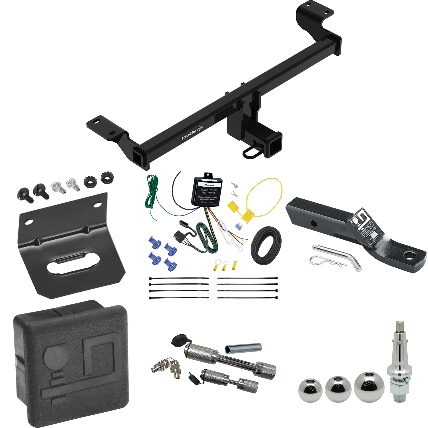 Fits 2021-2023 Lincoln Corsair Trailer Hitch Tow PKG w/ 4-Flat Wiring + Ball Mount w/ 2" Drop + Interchangeable Ball 1-7/8" & 2" & 2-5/16" + Wiring Bracket + Dual Hitch & Coupler Locks + Hitch Cover (Excludes: Plug-In-Hybrid Models) By Draw-Tite