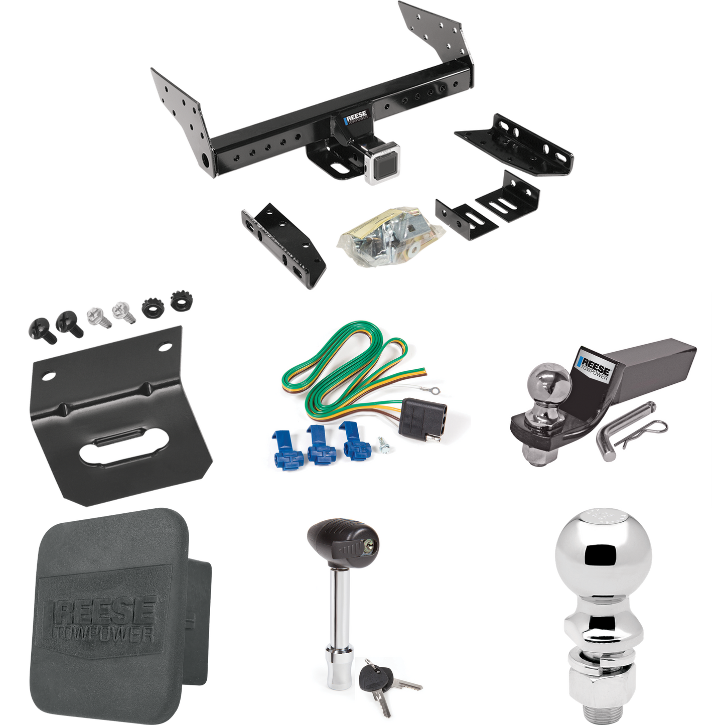 Fits 1992-1999 GMC Suburban K1500 Trailer Hitch Tow PKG w/ 4-Flat Wiring + Starter Kit Ball Mount w/ 2" Drop & 2" Ball + 2-5/16" Ball + Wiring Bracket + Hitch Lock + Hitch Cover By Reese Towpower