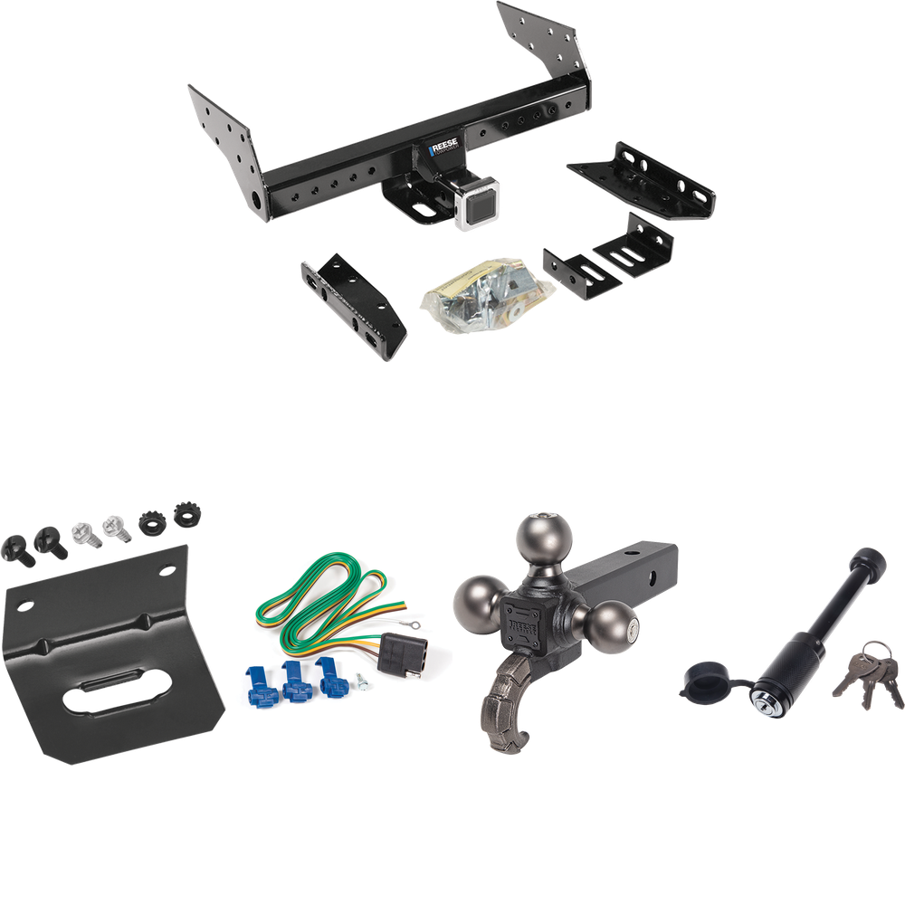 Fits 1983-1990 GMC S15 Trailer Hitch Tow PKG w/ 4-Flat Wiring + Triple Ball Tactical Ball Mount 1-7/8" & 2" & 2-5/16" Balls w/ Tow Hook + Tactical Dogbone Lock + Wiring Bracket (For w/Standard Bed & Step Bumper Models) By Reese Towpower