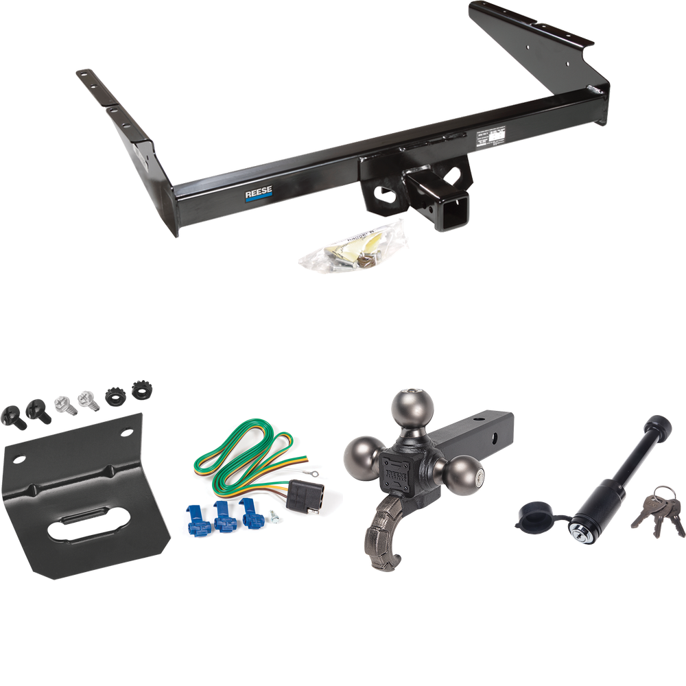 Fits 1990-2005 Chevrolet Astro Trailer Hitch Tow PKG w/ 4-Flat Wiring + Triple Ball Tactical Ball Mount 1-7/8" & 2" & 2-5/16" Balls w/ Tow Hook + Tactical Dogbone Lock + Wiring Bracket (For Extended Body Models) By Reese Towpower