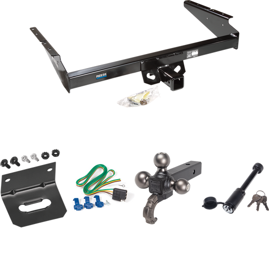 Fits 1990-2005 Chevrolet Astro Trailer Hitch Tow PKG w/ 4-Flat Wiring + Triple Ball Tactical Ball Mount 1-7/8" & 2" & 2-5/16" Balls w/ Tow Hook + Tactical Dogbone Lock + Wiring Bracket (For Extended Body Models) By Reese Towpower