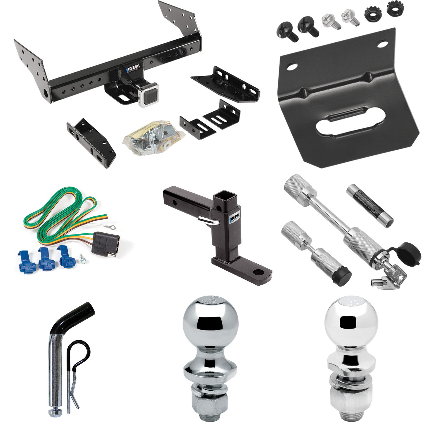 Fits 1992-1994 Chevrolet Blazer Trailer Hitch Tow PKG w/ 4-Flat Wiring Harness + Adjustable Drop Rise Ball Mount + Pin/Clip + 2" Ball + 1-7/8" Ball + Dual Hitch & Coupler Locks By Reese Towpower