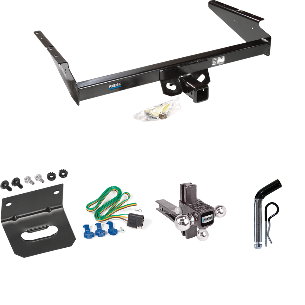 Fits 1990-2005 Chevrolet Astro Trailer Hitch Tow PKG w/ 4-Flat Wiring Harness + Adjustable Drop Rise Triple Ball Ball Mount 1-7/8" & 2" & 2-5/16" Trailer Balls + Pin/Clip + Wiring Bracket (For Extended Body Models) By Reese Towpower