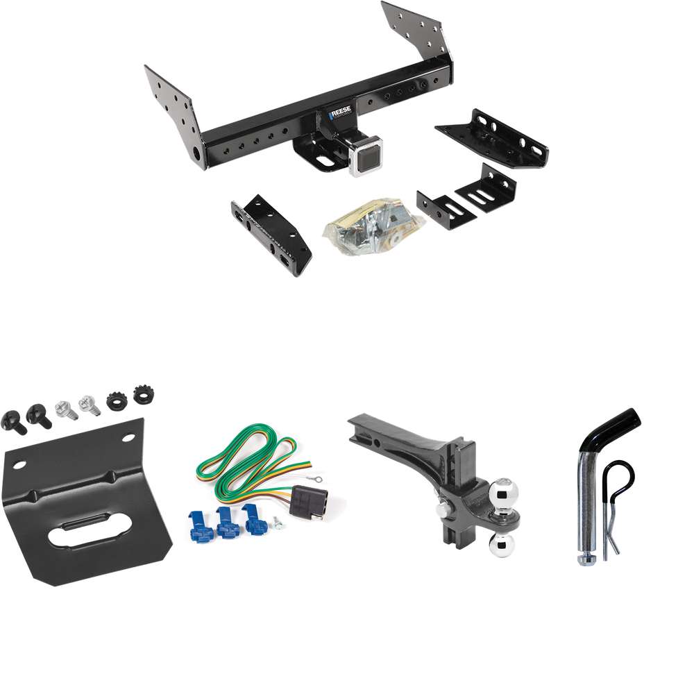 Fits 1987-1990 Plymouth Grand Voyager Trailer Hitch Tow PKG w/ 4-Flat Wiring Harness + Dual Adjustable Drop Rise Ball Ball Mount 2" & 2-5/16" Trailer Balls + Pin/Clip + Wiring Bracket By Reese Towpower