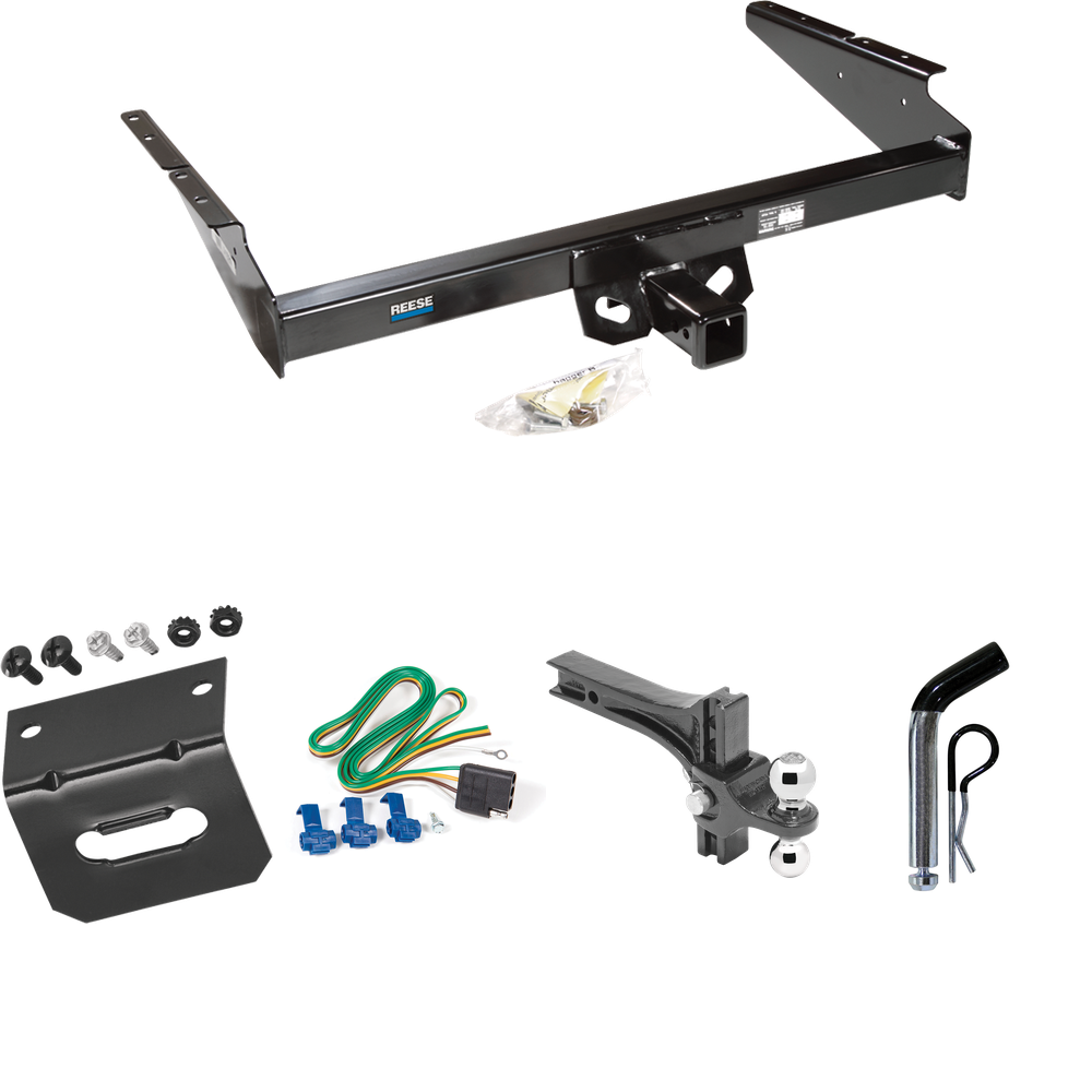 Fits 1990-2005 GMC Safari Trailer Hitch Tow PKG w/ 4-Flat Wiring Harness + Dual Adjustable Drop Rise Ball Ball Mount 2" & 2-5/16" Trailer Balls + Pin/Clip + Wiring Bracket (For Extended Body Models) By Reese Towpower