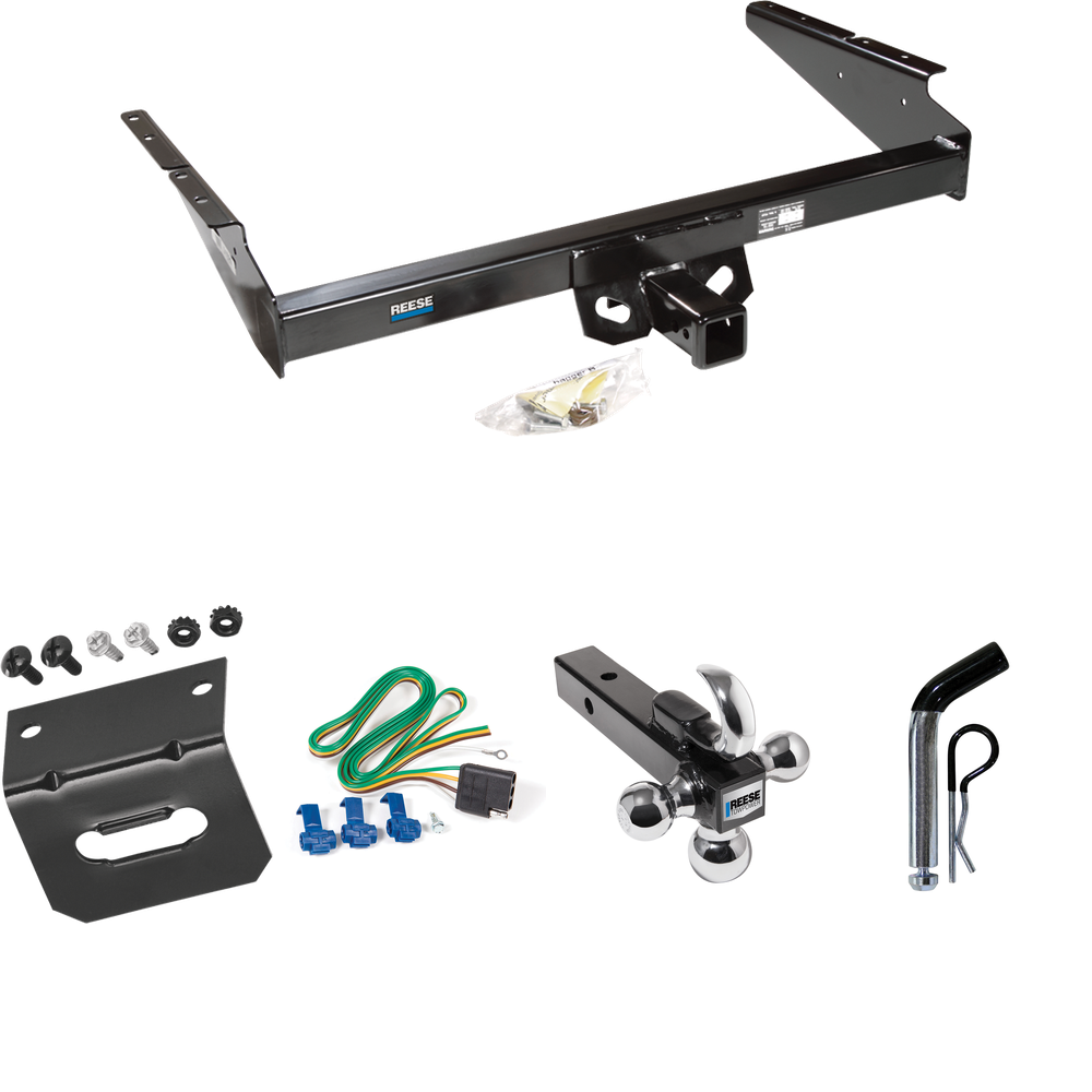 Fits 1990-2005 Chevrolet Astro Trailer Hitch Tow PKG w/ 4-Flat Wiring Harness + Triple Ball Ball Mount 1-7/8" & 2" & 2-5/16" Trailer Balls w/ Tow Hook + Pin/Clip + Wiring Bracket (For Extended Body Models) By Reese Towpower