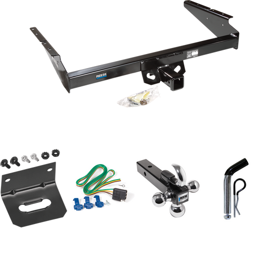 Fits 1990-2005 Chevrolet Astro Trailer Hitch Tow PKG w/ 4-Flat Wiring Harness + Triple Ball Ball Mount 1-7/8" & 2" & 2-5/16" Trailer Balls w/ Tow Hook + Pin/Clip + Wiring Bracket (For Extended Body Models) By Reese Towpower